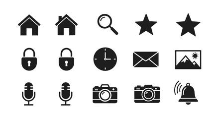 Essential modern icons for web design and apps including home, search, star, lock, clock, mail, photo, microphone, camera, and bell