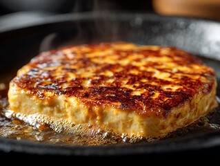Delicious halloumi cheese cooking in frying pan close up food photography cheese recipe idea