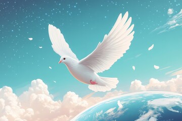Illustration of a white dove soaring above Earth, symbolizing the concept of world peace. The scene conveys a sense of harmony, unity, and hope, ideal for promoting global peace, Generative AI