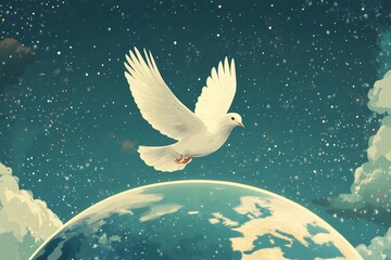 Illustration of a white dove soaring above Earth, symbolizing the concept of world peace. The scene conveys a sense of harmony, unity, and hope, ideal for promoting global peace, Generative AI