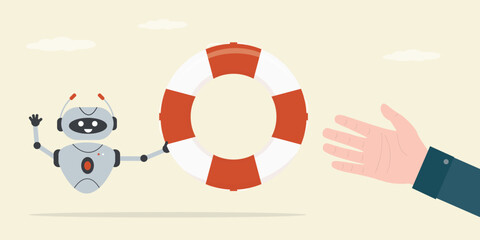 Robot give lifebuoy. Insurance, emergency service. Symbol of support for survival. Technologies helping humans. AI chat bot give red life preserver for user or customer.