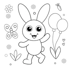 bunny holding balloons and walking through grass coloring page