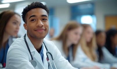 Group of diverse medical student nurses in training at college, representing teamwork, diversity, and the future of healthcare. The image highlights the dedication and education, Generative AI