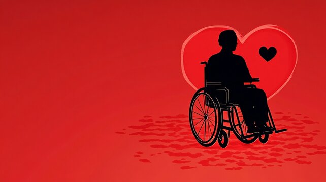 Illustration of Person in Wheelchair with Heart on Red Background, Public Welfare Design Element (Suitable for Public Welfare Promotion, Social Advocacy, Design Materials, etc.)