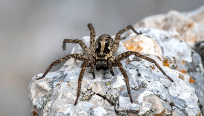 Detailed Close-Up of a Wolf Spider on Textured Rock Surface.