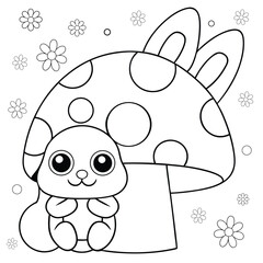 bunny playing hide and seek behind big mushroom coloring page