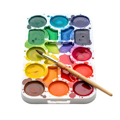 Watercolor paint palette with brush vibrant colors for artistic creation.