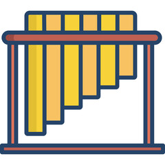 Stylized Illustration of a Wooden Pan Flute Musical Instrument with Golden Pipes and Red Frame Isolated on White Background