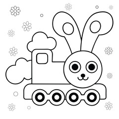 bunny riding toy train with smoke puffing out coloring page