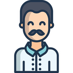 Stylized illustration of a smiling man with a mustache wearing a light blue collared shirt and a white button-up shirt featuring a transparent background