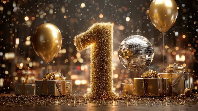 Big celebration for a first birthday with golden decorations and festive gifts in a sparkling atmosphere