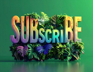 Colorful 3D text "SUBSCRIBE" surrounded by lush, vibrant greenery