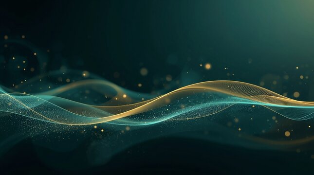 Elegant abstract background with flowing golden and teal light waves, glowing particles, and smooth digital motion design, perfect for modern technology and futuristic visual concepts - Powered by Adobe