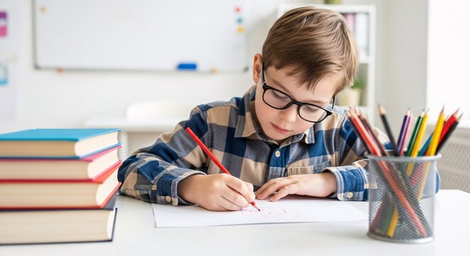 Young boy learning to draw indoors at home or school for learning and education concept Happy cheerful kid enjoying studying Creative student writing at desk 180 chars