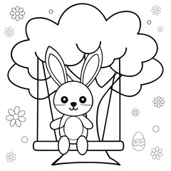 cartoon bunny swinging on swing under big tree coloring page