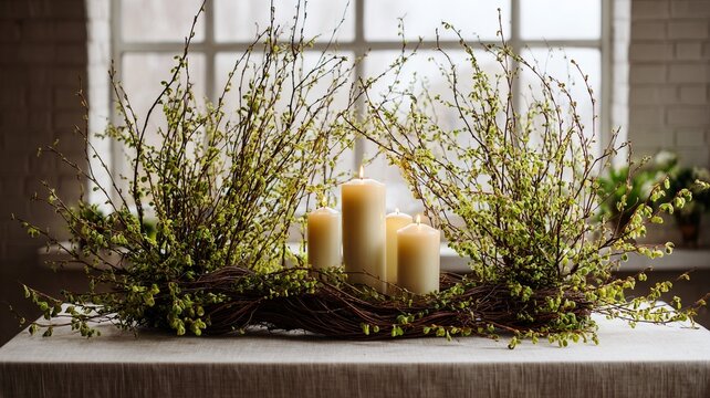Elegant easter spring table decoration with lit candles and budding branches in natural light. Ideal for interior design, celebration, or seasonal decor concepts. - Powered by Adobe