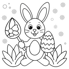 cute bunny holding paintbrush next to decorated egg coloring page