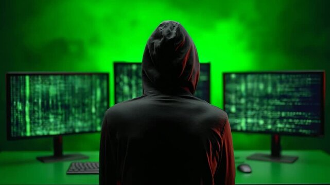 Hacker in a hoodie in front of multiple computer screens with code