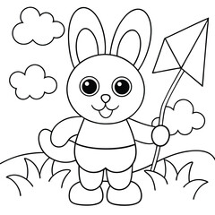 cute cartoon bunny flying kite in grassy field coloring page