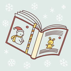 Open book with winter animal illustrations