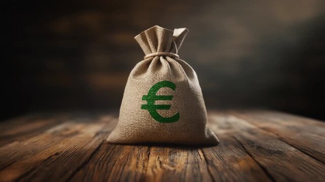 Burlap sack with green euro symbol filled with currency on rustic wooden table. Money, business and finance concept. Dark blurred background. Close-up.