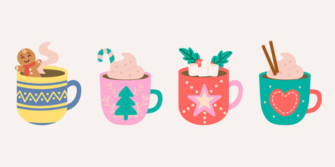 Christmas hot chocolate mugs with gingerbread candy and festive winter decorations