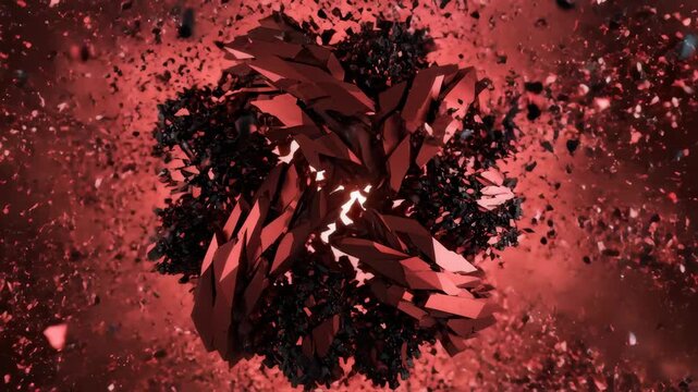 Abstract Red Objects Disintegrate and Float in Space Background