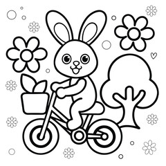 playful bunny riding bicycle with basket coloring page