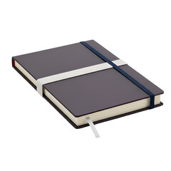 A sleek dark gray notebook with a white and blue elastic band closure and a white bookmark ribbon.