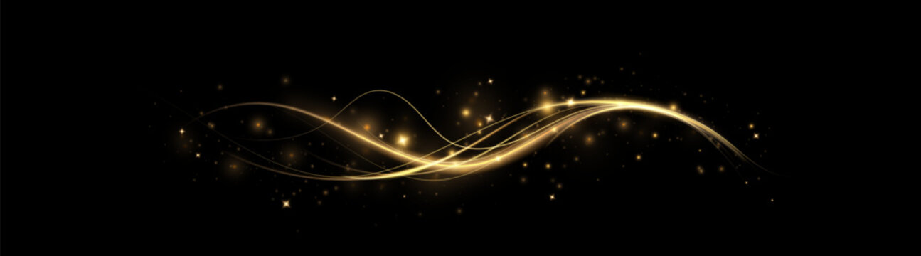 Golden curved light line.Confetti sparkles in a wave. Sparkling magical dust particles.golden stars shine with special light. Magical shining gold dust.	
