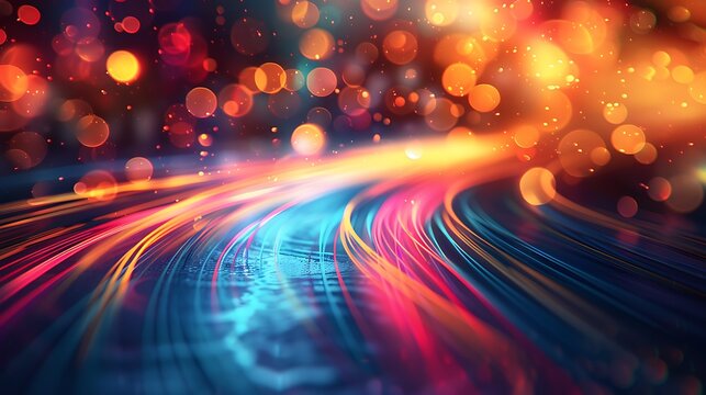 Abstract image showing blurred light trails with bokeh effect in warm and cool tones