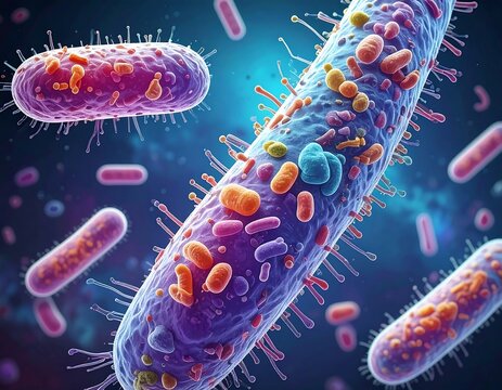 Close-up of various microscopic, colorful bacteria and microorganisms