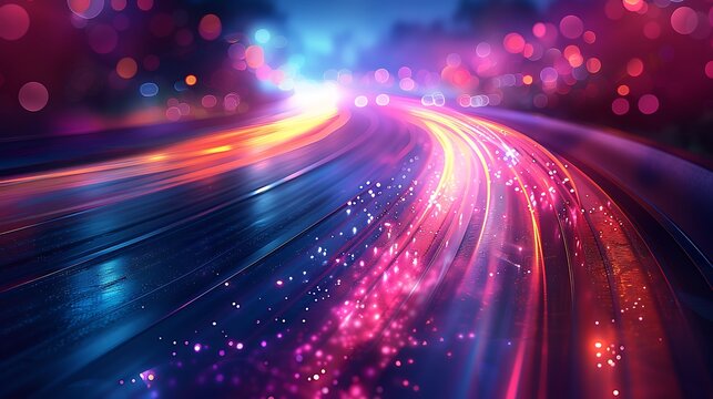 Abstract road with light trails and bokeh effect in vibrant pink and blue hues