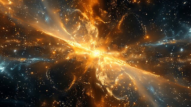 A cosmic explosion with bright light and nebula clouds in outer space scenery view