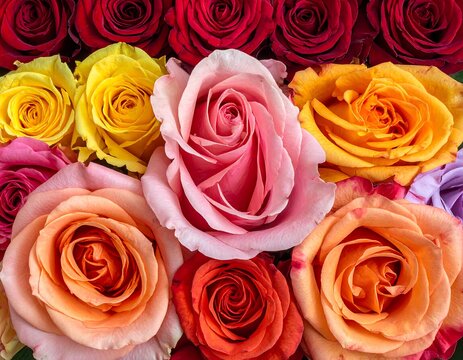Close-up of vibrant multicolored roses in full bloom - Powered by Adobe