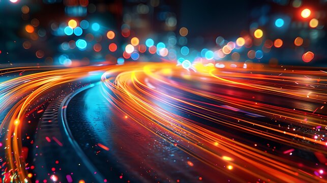 Abstract light streaks with bokeh effect in a futuristic cityscape illustration