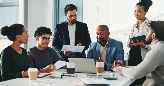 Business people, meeting and discussion with documents, laptop and planning with financial review. Team, men and women with computer, feedback and collaboration for investment strategy at agency