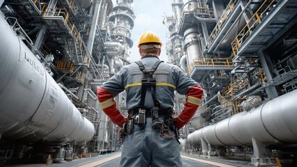 Industry Professional: A seasoned industry professional, helmet-clad and poised, stands amidst the colossal framework of an industrial plant, conveying a sense of expertise and dedication. 