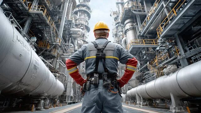 Industry Professional: A seasoned industry professional, helmet-clad and poised, stands amidst the colossal framework of an industrial plant, conveying a sense of expertise and dedication. 