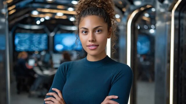 Confident Professional: A striking portrait of a determined professional in a modern, technology-driven setting, exuding confidence and poise. A woman with purpose, ready to embrace the future.