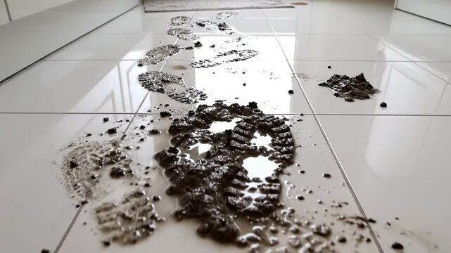 Muddy footprints track dirt and mess after day outside show commonplace problem in home
