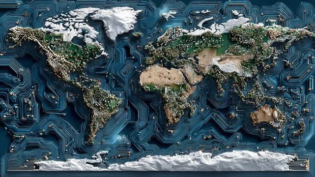 World Map Circuit: A unique conceptual representation of the world map as an intricate circuit board, blending geography and technology in a striking visual.