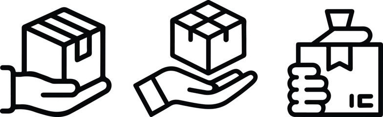 Hand Holding Parcel Outline Icons Set.
