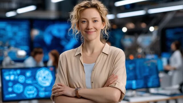 Confident Professional: A skilled professional stands tall with arms crossed in a cutting-edge technological environment, embodying expertise and innovation.