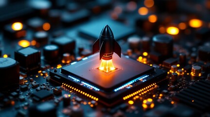 A miniature rocket launches from a computer chip, symbolizing innovation, technology, and the startup industry