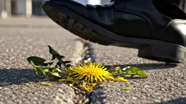 Boot Stepping on Dandelion, Flower Blooming Through Concrete