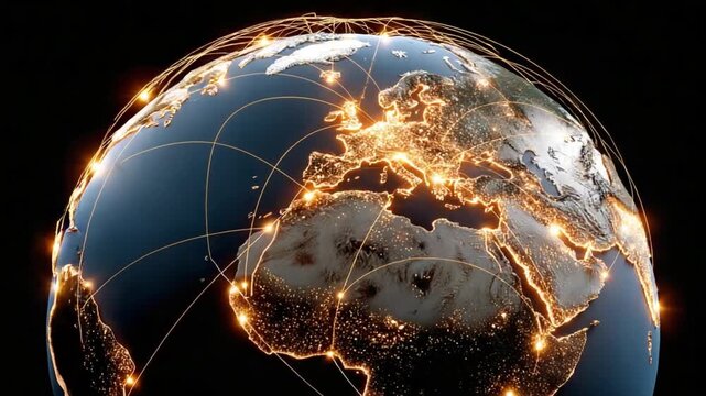 Global Network Illuminated: A mesmerizing depiction of the globe, illuminated by a web of interconnected lights that trace the pathways of global communication, demonstrating an interconnected world.