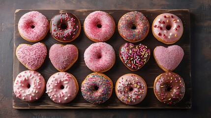 Assorted donuts with pink frosting and sprinkles arranged neatly on wood surface