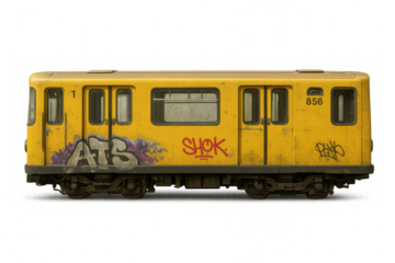 Yellow subway train car with urban graffiti, showing public transport, underground system, and city culture on transparent background
