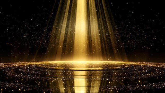 Golden stage opening with glittering lights and spotlights creating a luxurious atmosphere for performances at an entertainment venue